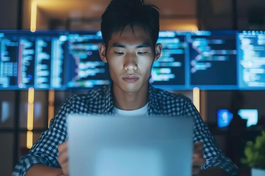 A young Asian male software engineer is seen intensely focused on his laptop screen, coding in a modern tech office. Wearing glasses and a plaid shirt, he types with concentration while colorful lines