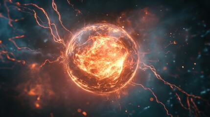 Obraz premium Glowing energy sphere surrounded by vibrant electric currents and cosmic particles, illustrating the concept of power and dynamic energy in a visually striking manner