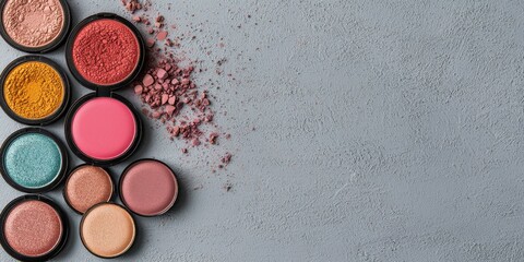 makeup colorful tone Colorful makeup powders arranged in containers on a textured background.
