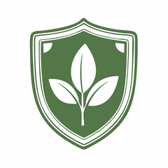 A green shield logo features three leaves in the center, symbolizing protection and growth. The design embodies concepts of nature and security