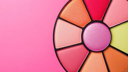 makeup colorful tone Colorful makeup palette on a pink background, featuring various shades for beauty applications.