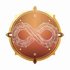 Infinity symbol in a bronze and gold circular emblem.  The infinity symbol is intricately detailed with circuit-like lines