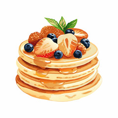 realistic pancakes topped with fruit on white background