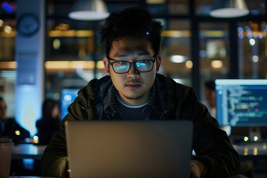 A young Asian male software engineer is seen intensely focused on his laptop screen, coding in a modern tech office. Wearing glasses and a plaid shirt, he types with concentration while colorful lines