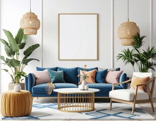 Elegant living room with blue velvet sofa rattan pendants and blank frame