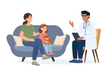 Pediatric checkup of the child. Girl and father at the doctor’s appointment.Pediatrician talking with child patient and dad. Vector Illustration.