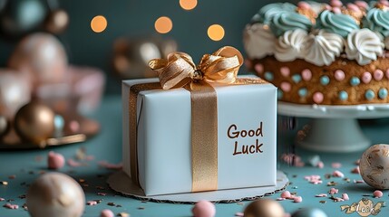 A farewell cake with a Good Luck message and a white gift card with a golden ribbon