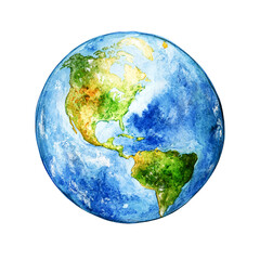 Watercolor painting of Earth, North and South America, transparent background, global map illustration, world continents, geographical artwork, environmental concept, blue green watercolor