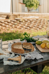 Outdoor summer picnic scene with a homemade lemon poppy seed pie, fresh lemons, mint, and lemonade on a rustic wooden table in a garden setting. Cozy and vibrant natural atmosphere.