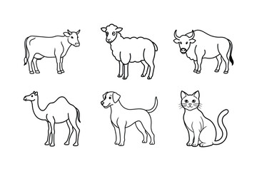 Set of domestic animals line art vector illustration