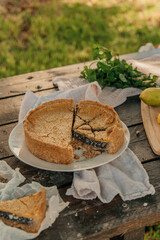 Outdoor summer picnic scene with a homemade lemon poppy seed pie, fresh lemons, mint, and lemonade on a rustic wooden table in a garden setting. Cozy and vibrant natural atmosphere.