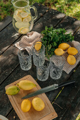 Outdoor summer picnic scene with a homemade lemon poppy seed pie, fresh lemons, mint, and lemonade on a rustic wooden table in a garden setting. Cozy and vibrant natural atmosphere.