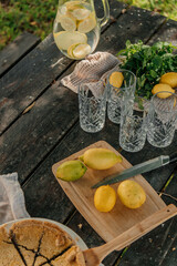 Outdoor summer picnic scene with a homemade lemon poppy seed pie, fresh lemons, mint, and lemonade on a rustic wooden table in a garden setting. Cozy and vibrant natural atmosphere.