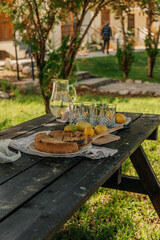 Outdoor summer picnic scene with a homemade lemon poppy seed pie, fresh lemons, mint, and lemonade on a rustic wooden table in a garden setting. Cozy and vibrant natural atmosphere.