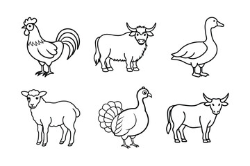 Set of line art domestic animals vector illustration