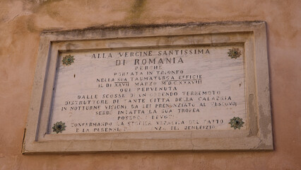 Marble plaque commemorating the Virgin of Romania s protection of Tropea during the 1638 Calabria...