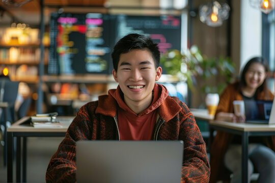 A young Asian male software engineer is seen intensely focused on his laptop screen, coding in a modern tech office. Wearing glasses and a plaid shirt, he types with concentration while colorful lines
