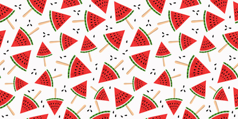  Summer pattern, seamless. Watermelon, slices of food. Cut juicy fruits, berries. Cold dessert. Diet food. Repeating background.