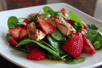 A Chicken Salad with Strawberries and Spinach