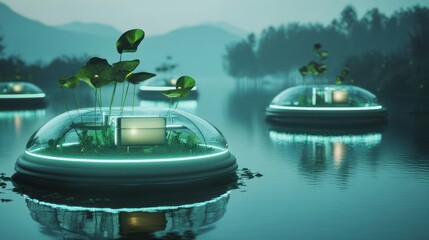 Futuristic Eco-Pods on Serene Lake
