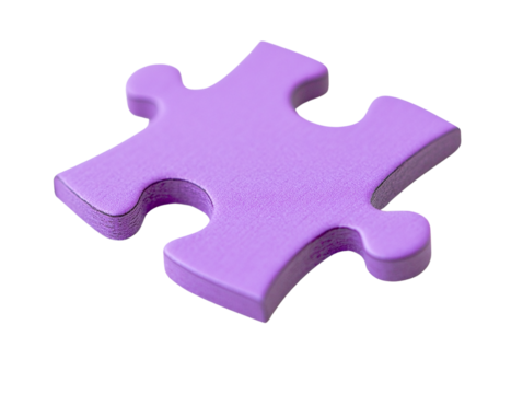Single lilac purple jigsaw puzzle piece isolated, transparent background, close-up view