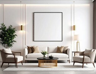 Elegant living room with white sofa armchairs and blank canvas art