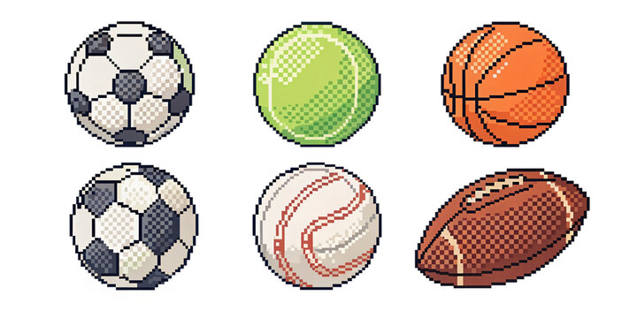 set of sports balls 8-bit illustration, retro videogame aesthetic, isolated PNG transparent background