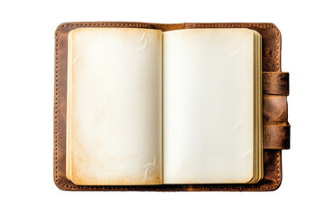 Open antique leather-bound journal with blank pages, transparent background, vintage style, top view