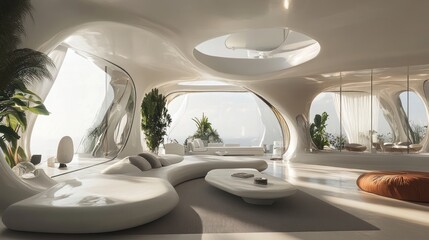 Futuristic Living Room with Panoramic Ocean Views