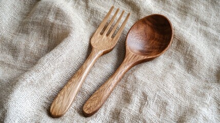 Wooden Spoon and Fork on Linen Fabric: Rustic Kitchenware