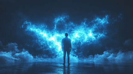 Fototapeta premium Back view silhouette of a person standing before a glowing blue energy cloud, evoking mystery, power, and futuristic energy concepts in a dynamic, vibrant atmosphere.