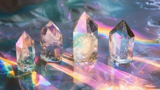 Radiant crystals,  faceted points on iridescent surface