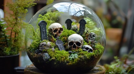 Eerie Glass Terrarium: Miniature Cemetery with Skulls and Moss