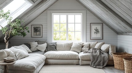 Rustic Attic Room with Triangular Window, Wooden Beams, Cozy Sofa, and Sunlit Green View – Serene Interior