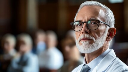 Close-up of doctor testifying in courtroom wearing white coat under dramatic lighting showing legal responsibility in medical malpractice trial