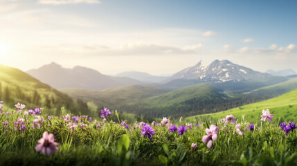 Fototapeta premium Serene landscape of blooming meadow with vibrant purple and pink flowers in foreground, lush green hills, and majestic mountains under soft golden sky