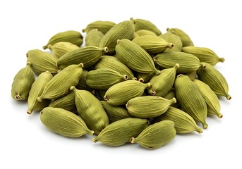Pile of green cardamom pods on white surface