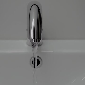 Modern chrome faucet with flowing water in a sleek white sink, showcasing the beauty of contemporary bathroom design and the elegance of functional fixtures