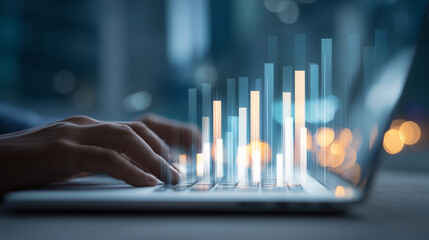Data analytics and graphs. Analysis of statistical business marketing data. Data scientist using laptop computer to analyze data. 