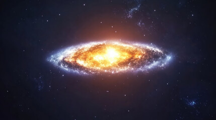 Fototapeta premium Glowing galaxy like formation with radiant golden core surrounded by vibrant neon blue and white light, set against dark starry background, evoking sense of cosmic wonder