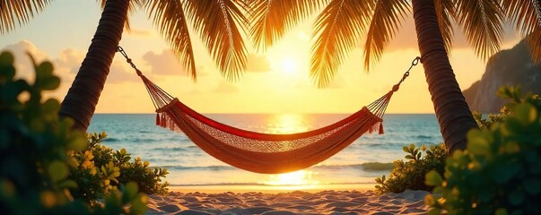 Golden hour sunlight bathes a hammock strung between two palm trees, gently swaying in a warm summer breeze Perfect for relaxation and escaping the heat Tropical paradise vibes , unwind, leisure