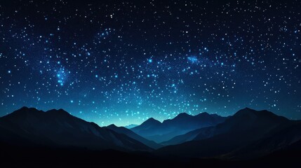 Obraz premium A serene night sky filled with stars over a silhouette of mountains. The main colors are deep blue and black.