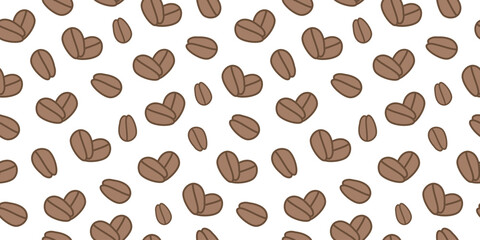 Pattern. Coffee beans in the shape of a heart. Seamless background. International Coffee Day. Vector graphics. Flat illustration.