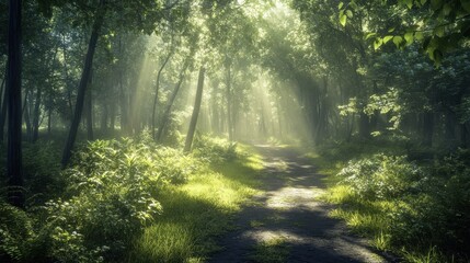 Obraz premium Sunlit path through lush green forest. (7)