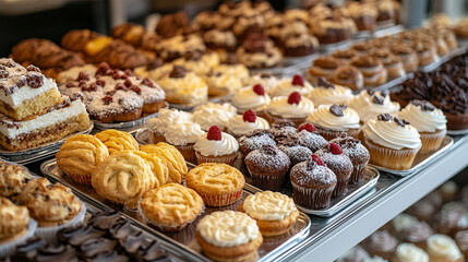Bakery counter filled with an assortment of pastries, cookies, cakes, and muffins on silver trays. A colorful display of sweet desserts ready for sale in a warm, inviting local store environment.

