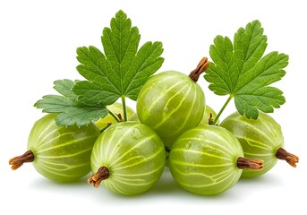 A pile of gooseberries with green leaves