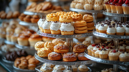 Bakery counter filled with an assortment of pastries, cookies, cakes, and muffins on silver trays. A colorful display of sweet desserts ready for sale in a warm, inviting local store environment.

