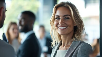 Fototapeta premium Successful businesswoman attending a corporate networking event with diverse colleagues in a modern office setting