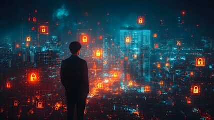 Businessman overlooking a city skyline with cybersecurity icons