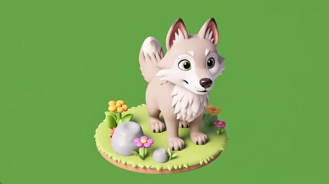 Cartoon wolf standing on a small grassy patch with flowers and rocks, against a green background.